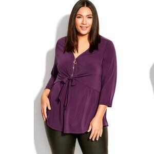 Evans Purple Zip Front Tie Detail Top
